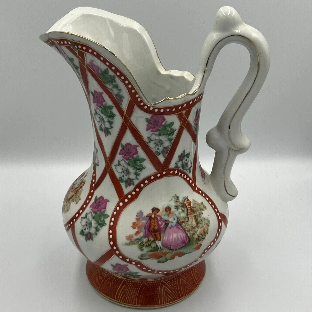 Limoges China Pitcher and Basin Set Large White Red Gold NWOT Courting‎ Couple